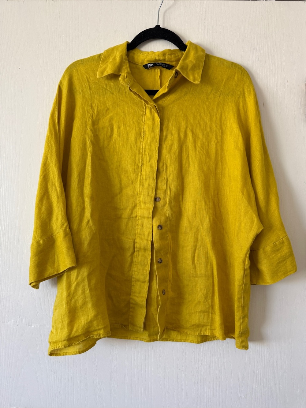 Zara Yellow/chartreuse Button-Down Linen Women's Shirt